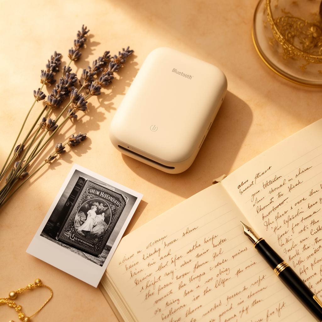 Portable Bluetooth instant printer with journal and dried lavender