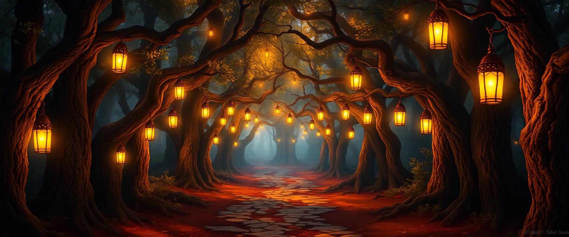 Enchanted forest with hanging lamps