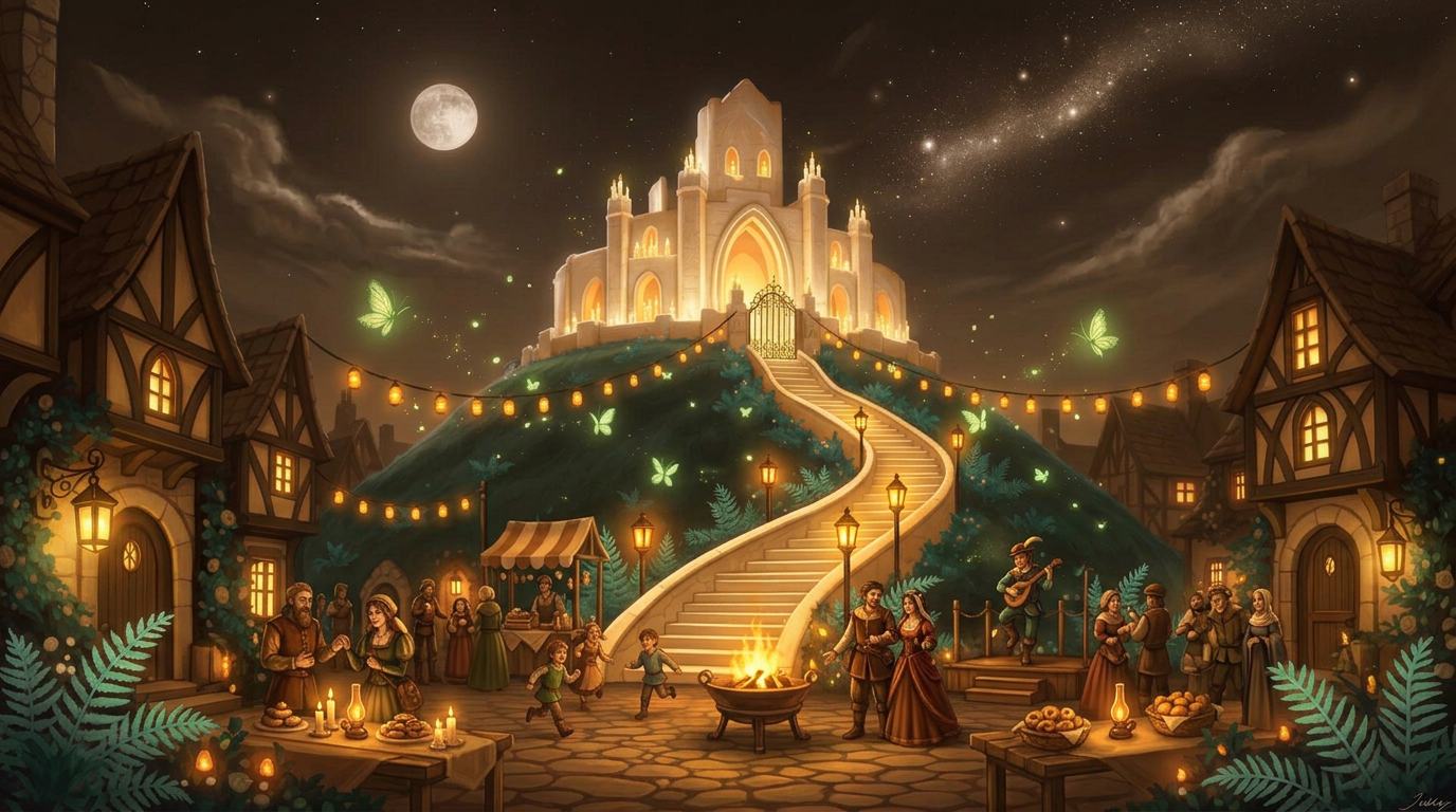 Cozy fantasy sanctuary at night
